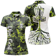 Load image into Gallery viewer, Womens disc golf polo shirt custom name green camo disc golf basket, personalized disc golf shirts NQS5697