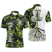 Load image into Gallery viewer, Mens disc golf polo shirt custom name green camo disc golf basket, personalized disc golf shirts NQS5697