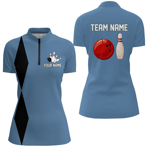 Personalized Retro Bowling Polo, Quarter Zip Shirts For Women custom vintage bowling team jersey| Blue NQS7803