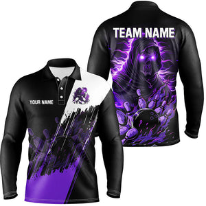 Black and Purple Skull reaper bowling jerseys Polo, 1/4 Zip Shirt for Men Custom Bowling Team shirts NQS8031