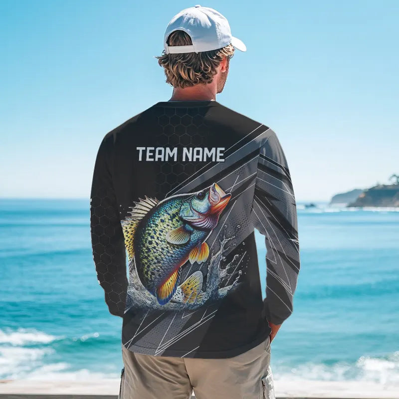 Personalized Black camo Crappie Fishing Jerseys, Crappie Long Sleeve Fishing Tournament Shirts NQS8448