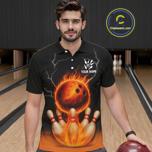 Custom Black and Orange Flame Lightning Bowling Polo, Quarter Zip Shirt For Men, Team Bowling Outfit NQS10855
