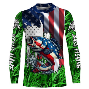 American flag patriotic Largemouth Bass green camo fishing, custom long sleeve sun protection shirts NQS1132