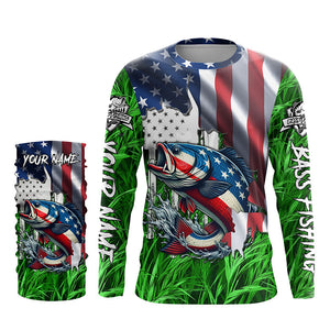 American flag patriotic Largemouth Bass green camo fishing, custom long sleeve sun protection shirts NQS1132
