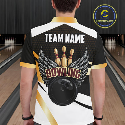 Black and Gold Bowling ball wings Bowling Polo, Quarter Zip Shirts for Men Custom Bowling Team jersey NQS11043