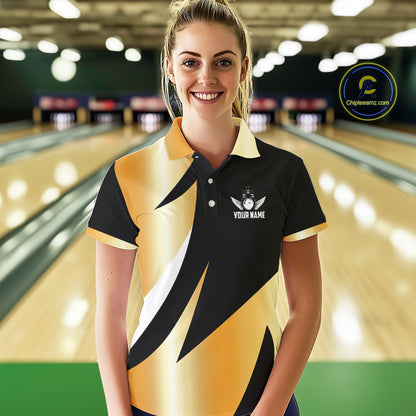 Black and Gold Bowling ball wings Bowling Polo, 1/4 Zip Shirts for Women Custom Bowling Team jersey NQS11043