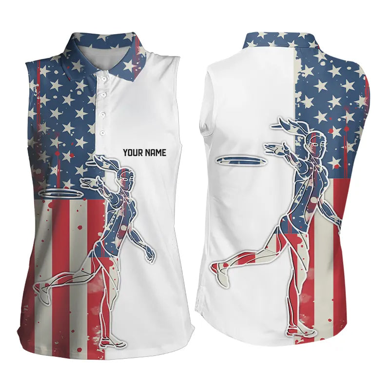 Vintage American Flag Womens Disc golf sleeveless polo shirts custom patriotic frisbee golf jerseys NQS9154