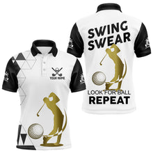 Load image into Gallery viewer, Black and White Mens Golf Polo Shirts custom Swing, swear, look for ball repeat golf tops for men NQS9158
