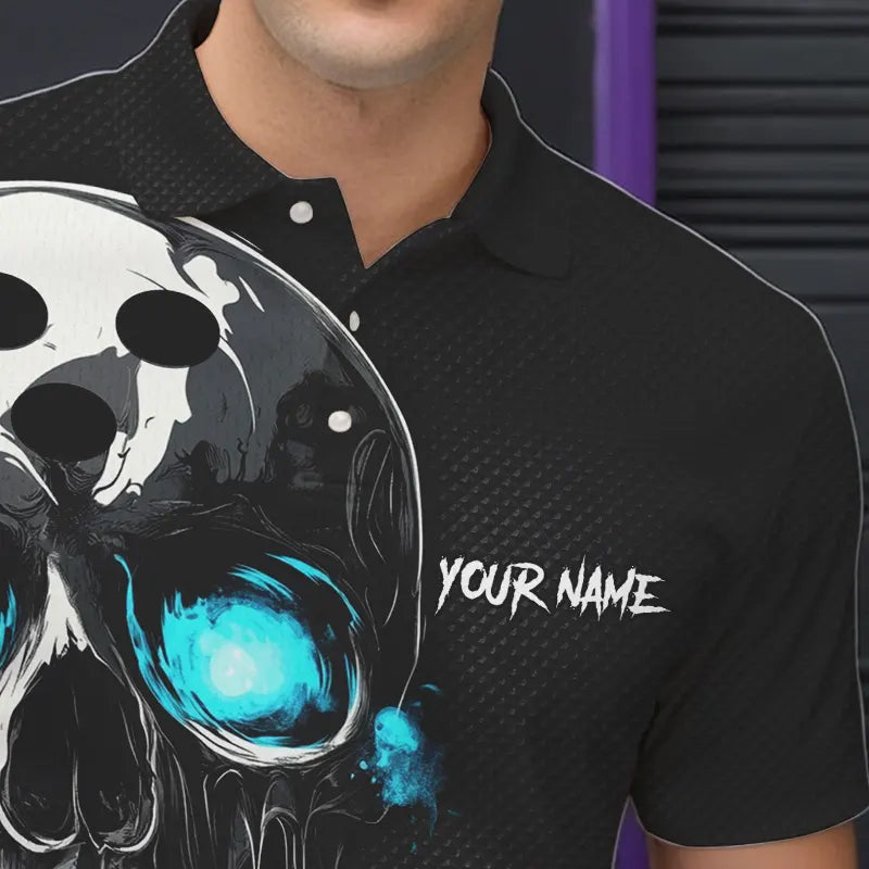 Black and Blue Skull Men's Bowling Polo, Quarter Zip shirts Custom Skull Team Bowling Jersey NQS9361
