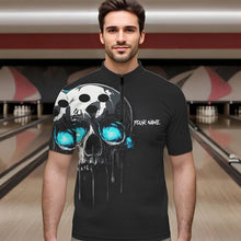 Load image into Gallery viewer, Black and Blue Skull Men's Bowling Polo, Quarter Zip shirts Custom Skull Team Bowling Jersey NQS9361