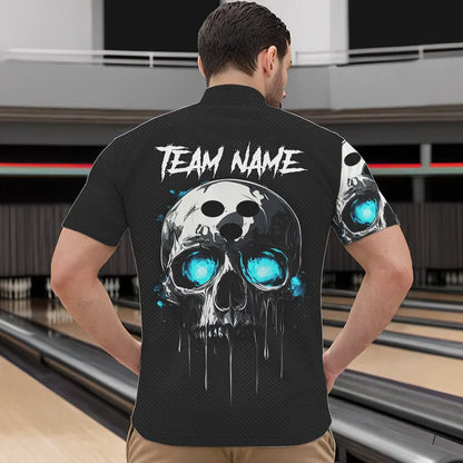 Black and Blue Skull Men's Bowling Polo, Quarter Zip shirts Custom Skull Team Bowling Jersey NQS9361