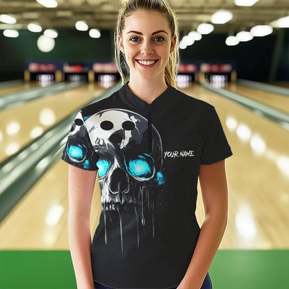 Black and Blue Skull Women's Bowling Polo, Quarter Zip shirts Custom Skull Team Bowling Jersey NQS9361