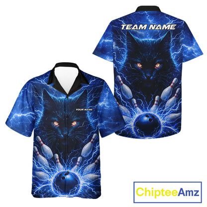 Blue Lightning Thunder Cat Hawaiian Bowling Jerseys custom Button-up bowling Team League Shirts NQS11428