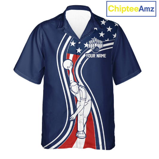 Retro bowling Hawaiian shirt Custom American flag patriotic team bowling button-up jersey | Navy NQS11430