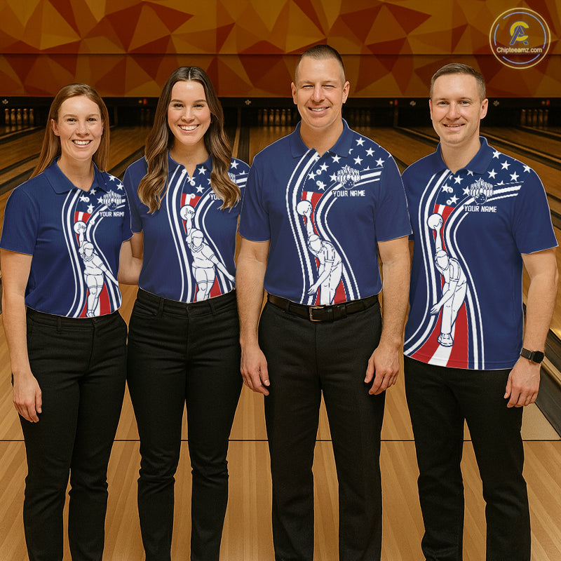 Retro bowling Polo, 1/4 Zip shirts for Men Custom American flag patriotic team bowling jerseys | Navy NQS11430