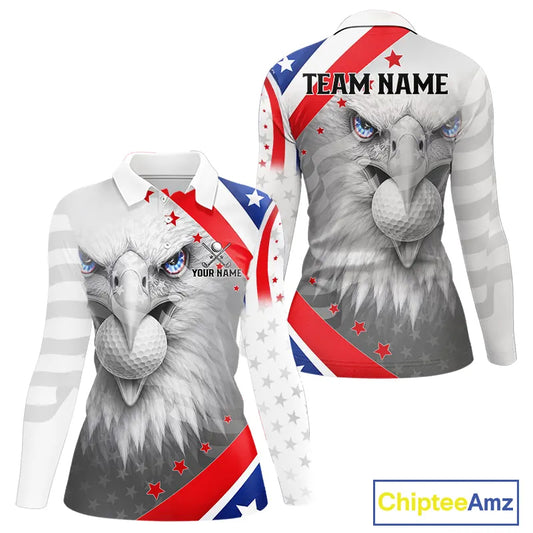 Red, White and Blue US Flag Eagle Golf Polo Shirts For Women Custom Patriotic ladies golf shirts NQS11631
