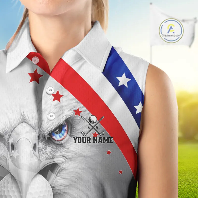 Red, White and Blue US Flag Eagle Sleeveless Golf Shirt For Women Custom Patriotic ladies golf shirts NQS11631