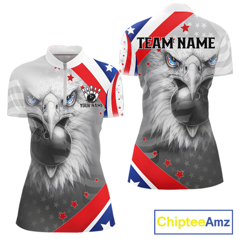 Red, White and Blue US Flag Eagle Bowling Shirts For Women Custom Patriotic Team Bowling Jersey NQS11632