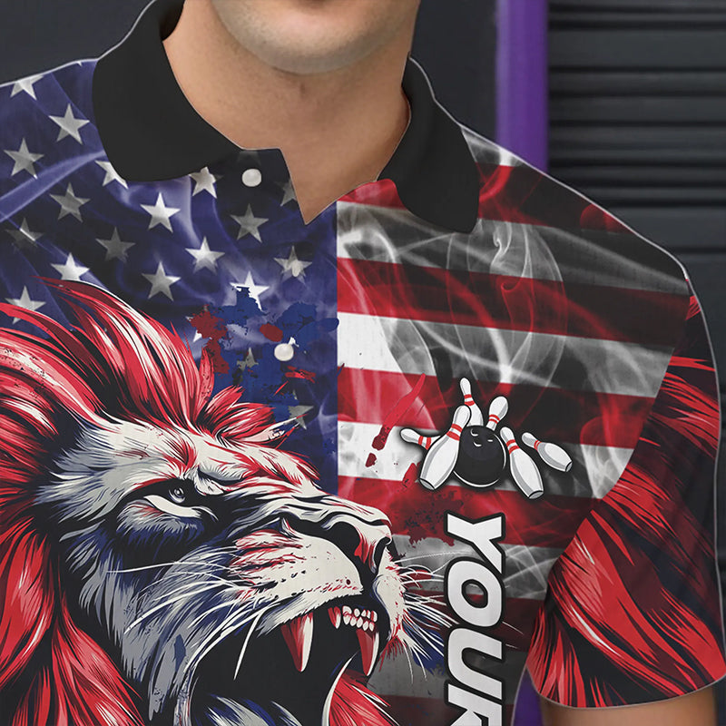 Smoke American Flag Lion Bowling Polo, 1/4 Zip Shirts for Men Custom patriotic Team Bowling jerseys NQS9670