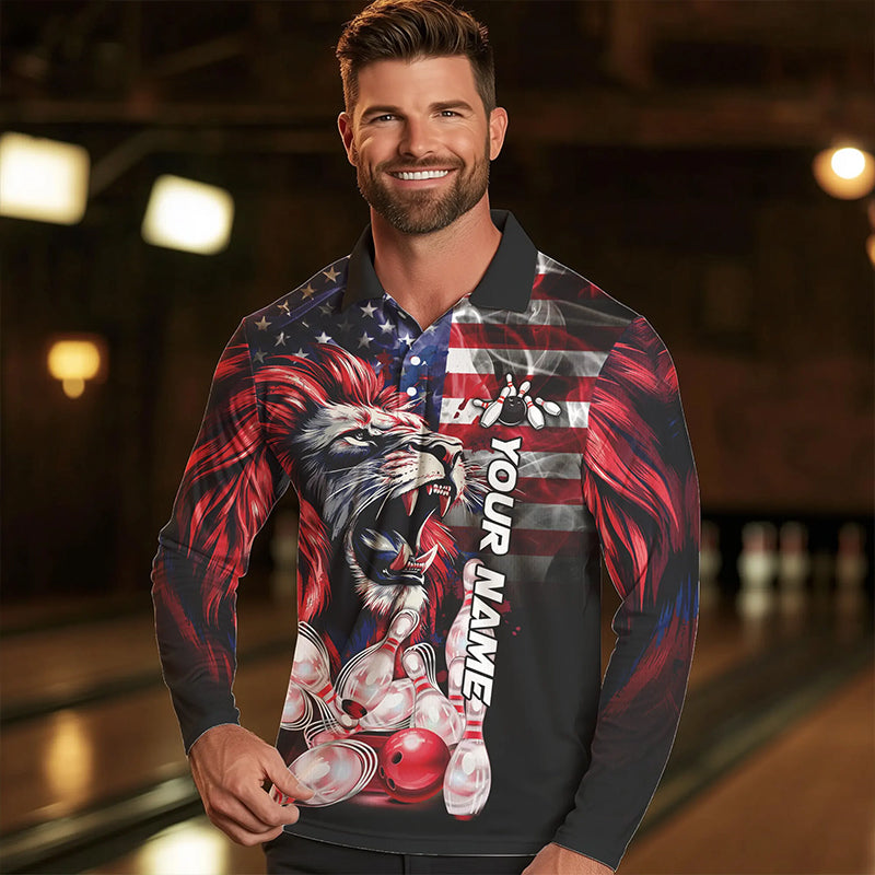 Smoke American Flag Lion Bowling Polo, 1/4 Zip Shirts for Men Custom patriotic Team Bowling jerseys NQS9670