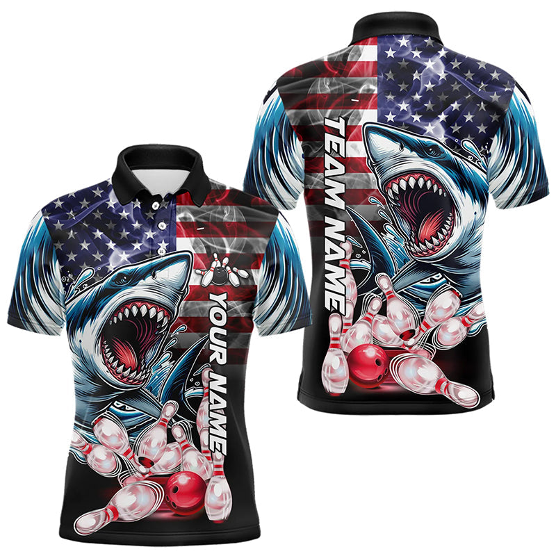 Smoke American Flag Shark Bowling Polo, 1/4 Zip Shirts for Men Custom patriotic Team Bowling jerseys NQS9671