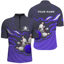 Load image into Gallery viewer, Mens polo, quarter zip bowling shirt Custom bowling ball pins team league jersey, bowling gift| Purple NQS7808