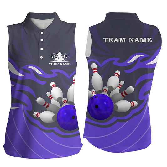 Womens sleeveless polo bowling shirt Custom bowling ball pins team league jersey, bowling gift| Purple NQS7808