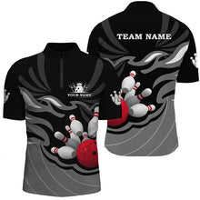 Load image into Gallery viewer, Mens polo, quarter zip bowling shirt Custom bowling ball pins team league jersey, bowling gift | Black NQS7809