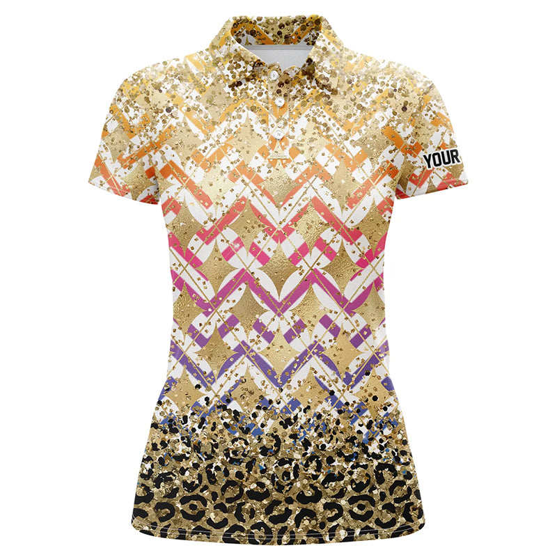 Yellow glitter leopard pattern Women golf polo shirts custom team ladies golf top NQS7814