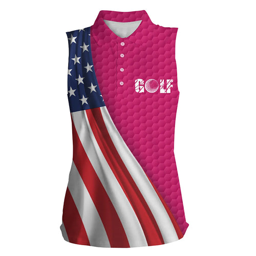 American flag pink golf ball skin Womens sleeveless polo shirt patriotic golf tops for women NQS6123