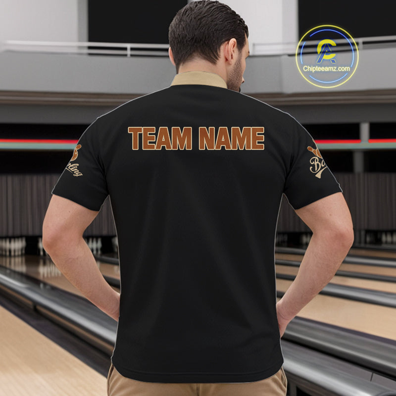 Black and Brown Skull Retro Bowling Polo, Quarter Zip Shirts For Men Custom Team Bowling Jersey NQS10859
