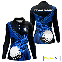 Load image into Gallery viewer, Black &amp; Blue Golf ball Flame Golf Polo Shirts For Women Custom ladies&#39;s golf clothing, best golf gift NQS10864