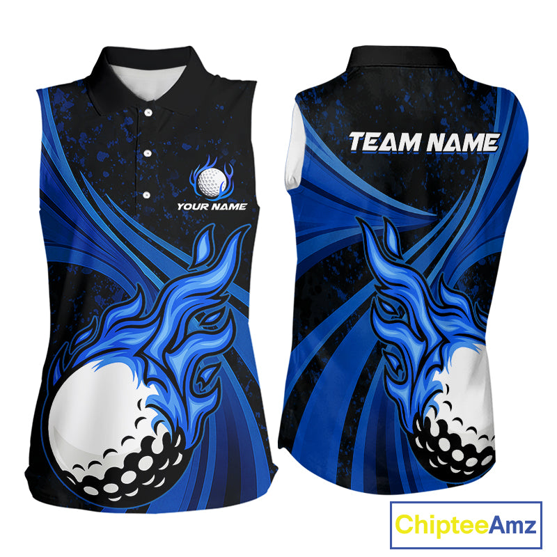 Black & Blue Golf ball Flame Women Sleeveless Polo Shirt Custom ladies golf clothing, best golf gift NQS10864