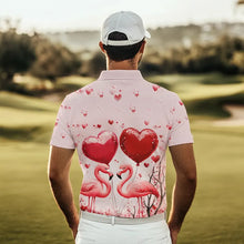 Load image into Gallery viewer, Pink Glitter Flamingo Heart Theme Mens golf polo shirts custom Valentines golf tops gifts for him NQS9367
