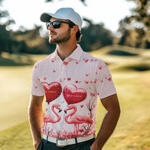 Load image into Gallery viewer, Pink Glitter Flamingo Heart Theme Mens golf polo shirts custom Valentines golf tops gifts for him NQS9367