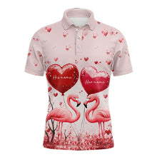 Load image into Gallery viewer, Pink Glitter Flamingo Heart Theme Mens golf polo shirts custom Valentines golf tops gifts for him NQS9367