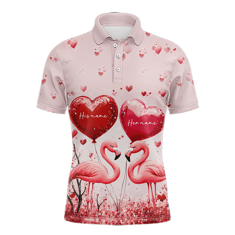 Pink Glitter Flamingo Heart Theme Mens golf polo shirts custom Valentines golf tops gifts for him NQS9367