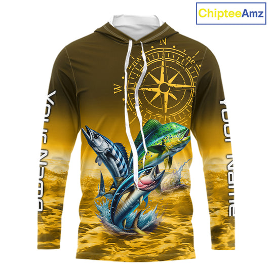 Custom Mahi Mahi, Wahoo, Tuna Yellow Performance Fishing Shirt, Compass Offshore Tournament Shirts NQS11438