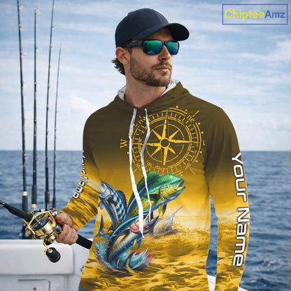 Custom Mahi Mahi, Wahoo, Tuna Yellow Performance Fishing Shirt, Compass Offshore Tournament Shirts NQS11438