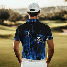 Load image into Gallery viewer, Blue Flame Skull Mens golf polo shirts custom skull fire golf apparel for mens NQS9516