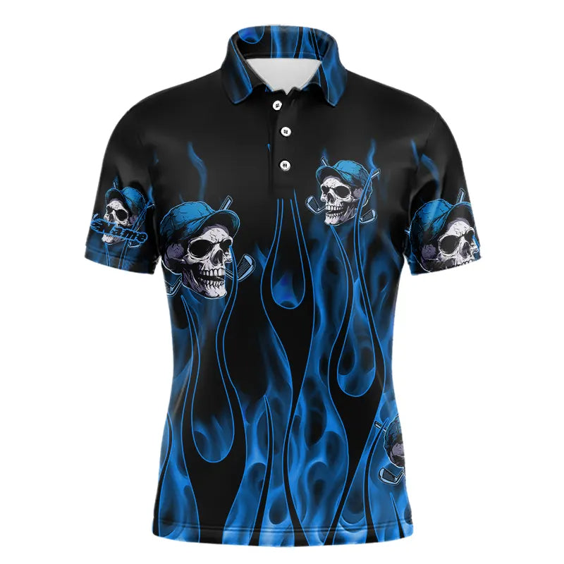 Blue Flame Skull Mens golf polo shirts custom skull fire golf apparel for mens NQS9516