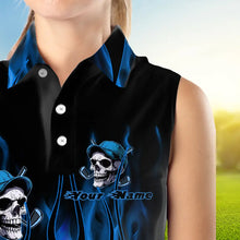Load image into Gallery viewer, Blue Flame Skull Women sleeveless polo shirt custom skull fire golf apparel for ladies NQS9516