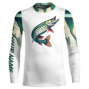 Musky ( Muskie) Fishing Green Scales Custom long sleeve Fishing Shirt, personalized fishing apparel NQS580