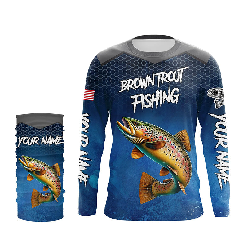 Blue camo Brown trout fishing Custom performance long sleeve team Trout fishing tournament shirts NQS8238