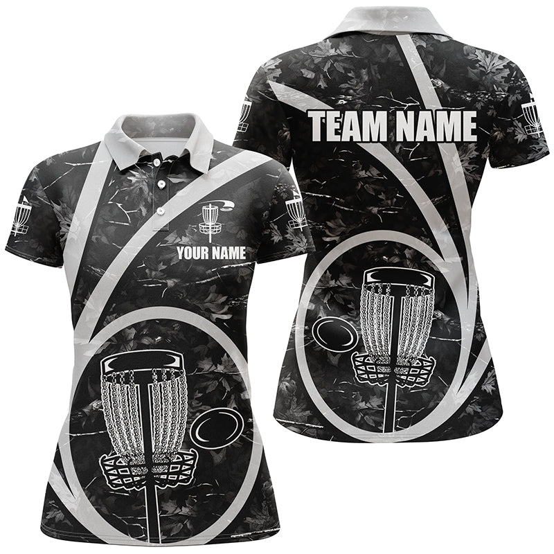 Womens disc golf polo shirt custom name black camo disc golf basket personalized disc golf shirt NQS8701