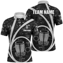 Load image into Gallery viewer, Mens disc golf polo shirt custom team name black camo disc golf basket personalized disc golf shirt NQS8701