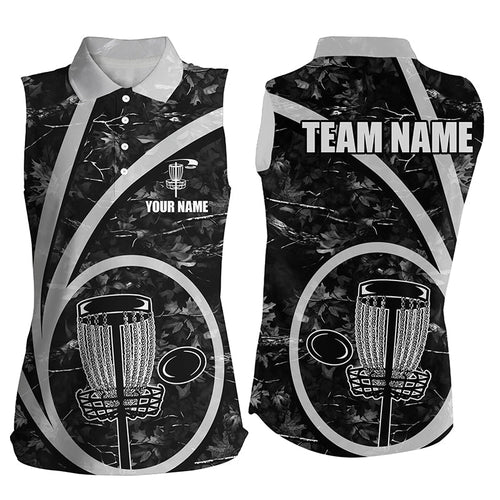 Womens sleeveless polo shirt custom name black camo disc golf basket personalized disc golf shirt NQS8701