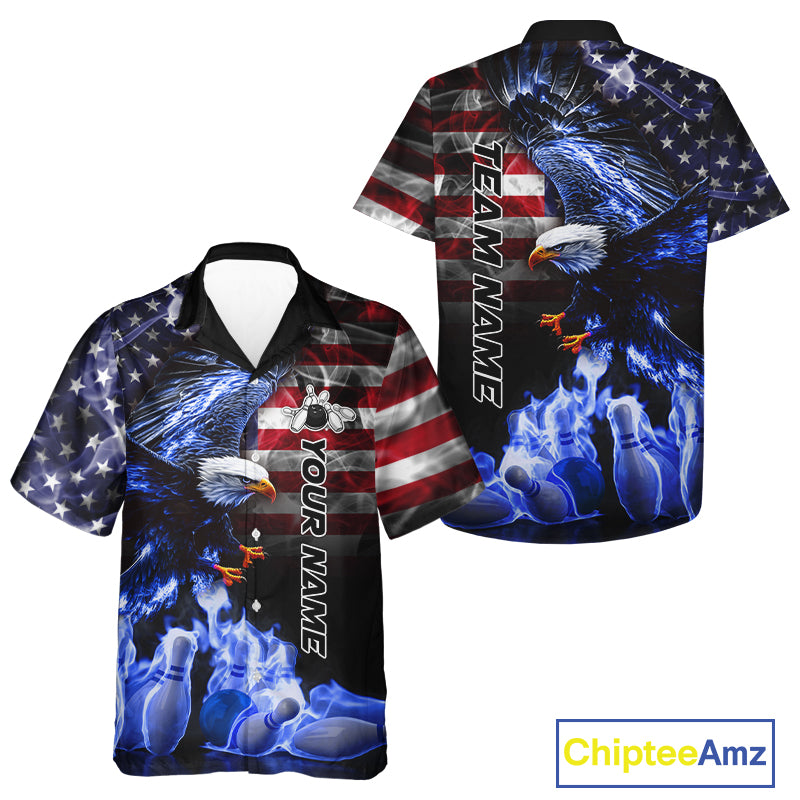 Smoke American Flag Eagle Blue Flame Bowling Hawaiian Shirt Custom patriotic Team Bowling Shirt NQS10868