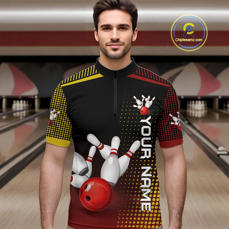 Yellow and Red pattern Bowling shirts For Men Custom Team Bowling Jerseys, Gift For Bowler NQS11243