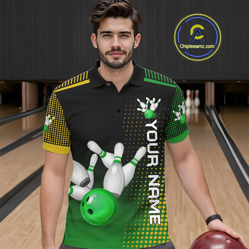 Yellow and Green pattern Bowling shirts For Men Custom Team Bowling Jerseys, Gift For Bowler NQS11244